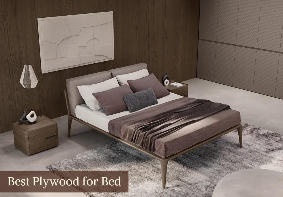 Modern double bed with a slim wooden frame and bedside tables