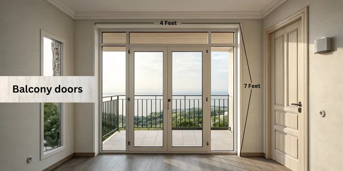 Glazed balcony door 4 feet wide and 7 feet high, with its dimensions marked