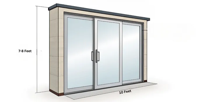 Three-panel sliding glass door 10 feet wide and 7 to 8 feet high